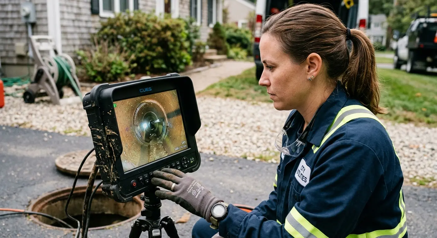 Technician reviewing sewer camera inspection footage in Germantown