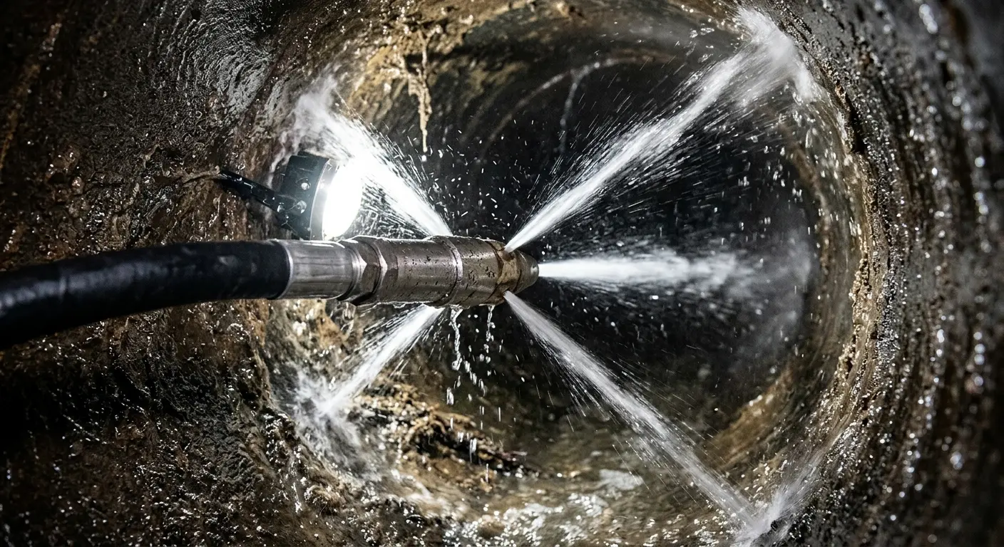 High-pressure hydro jetting nozzle cleaning sewer pipe for Emergency Drain Service in Germantown