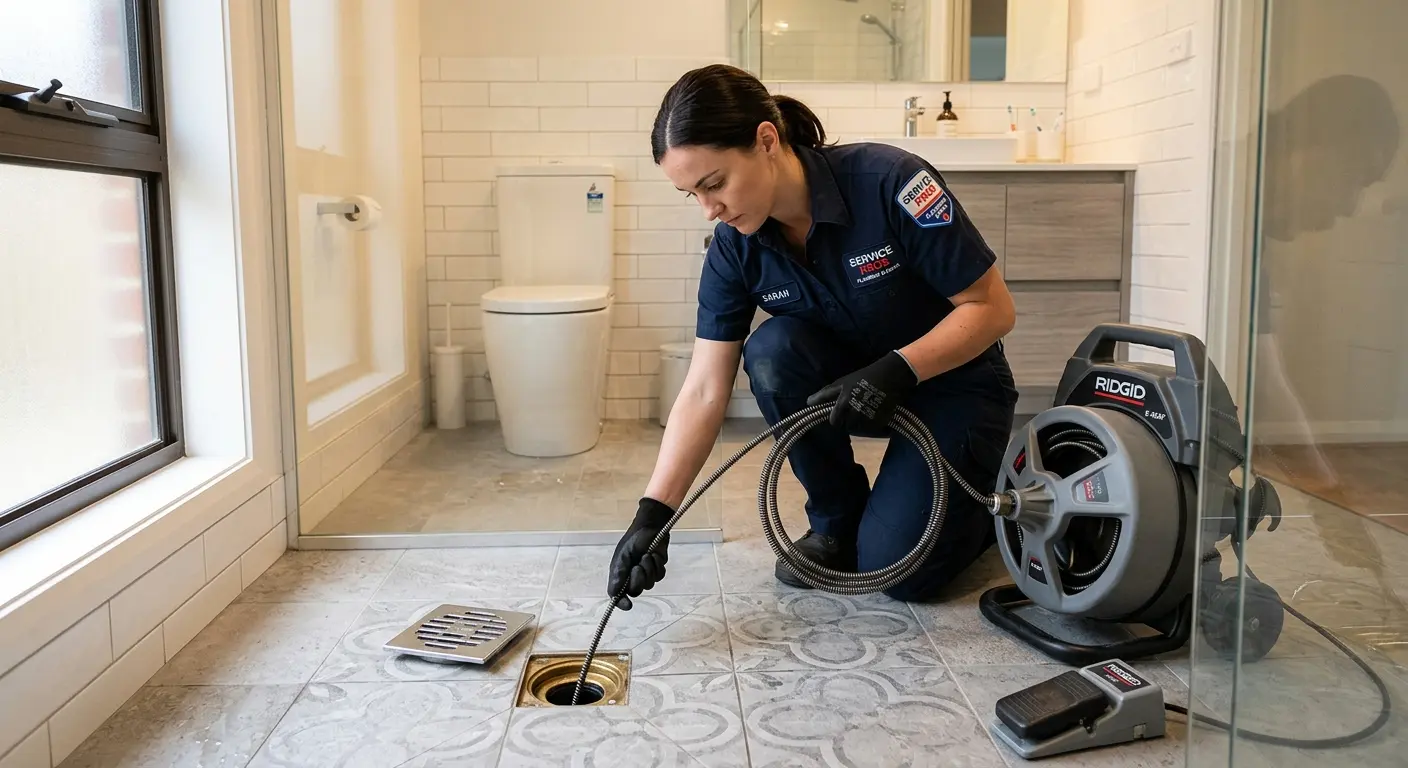 Technician clearing a bathroom floor drain for Hydro Jetting in Germantown